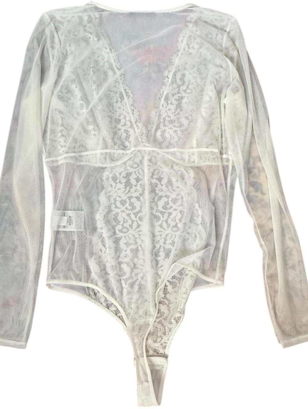 White Lace Sheer Long Sleeve Deep V Bodysuit Women’s Size Large